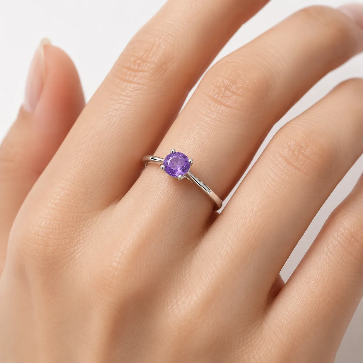 Purple oval main stone four claw silver ring 2