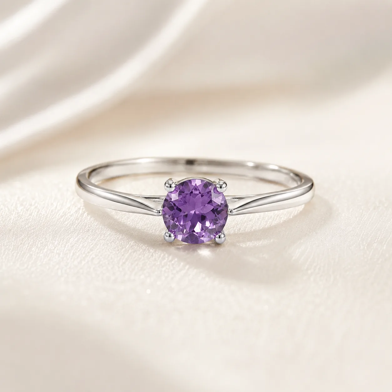 Purple oval main stone four claw silver ring 5