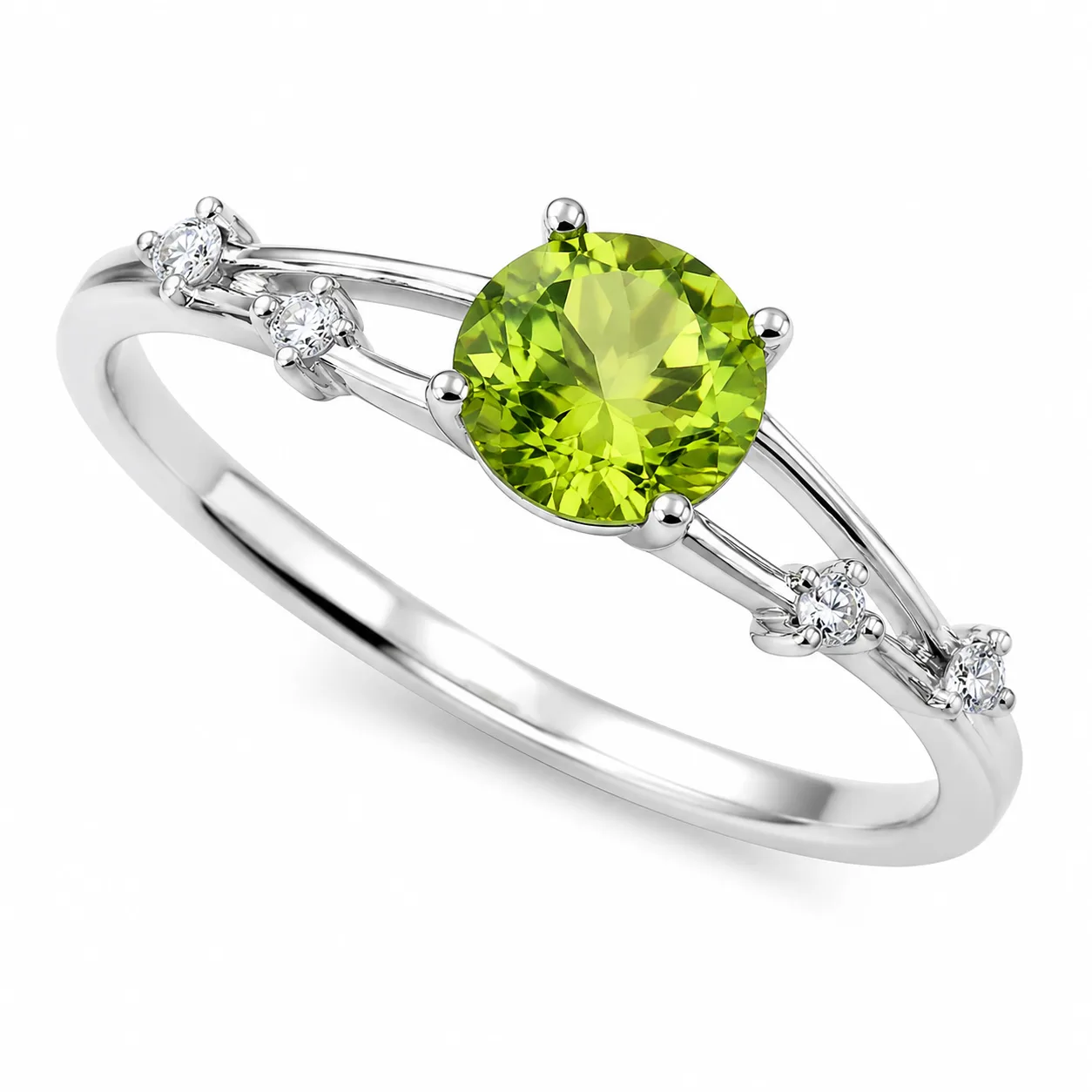 Silver-colored round emerald and diamond ring