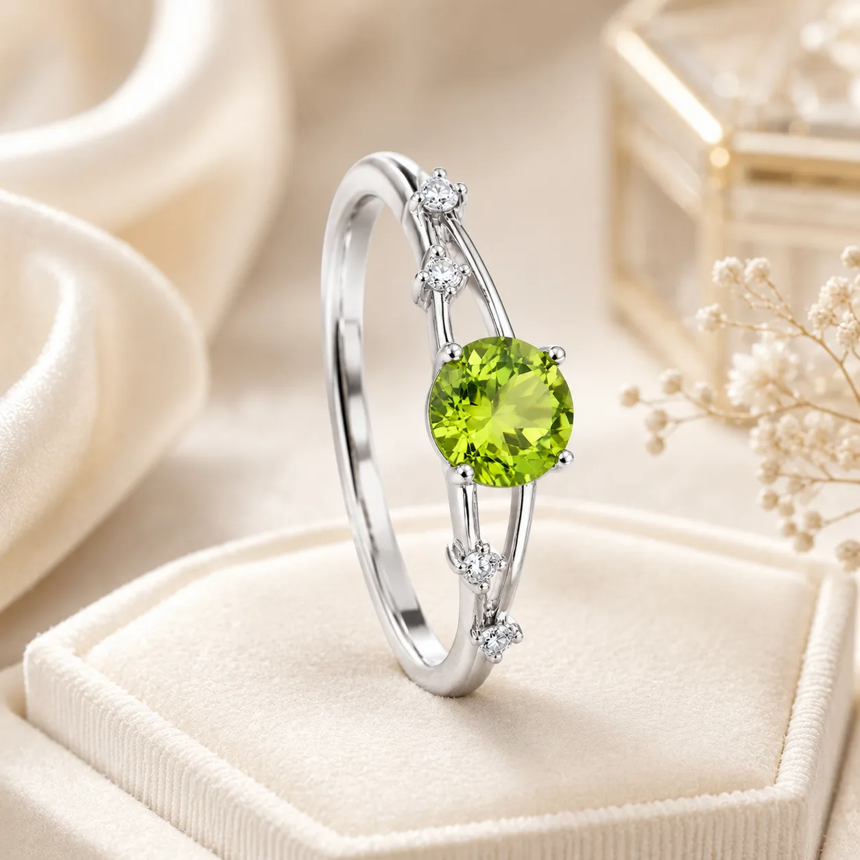 Silver-colored round emerald and diamond ring 3