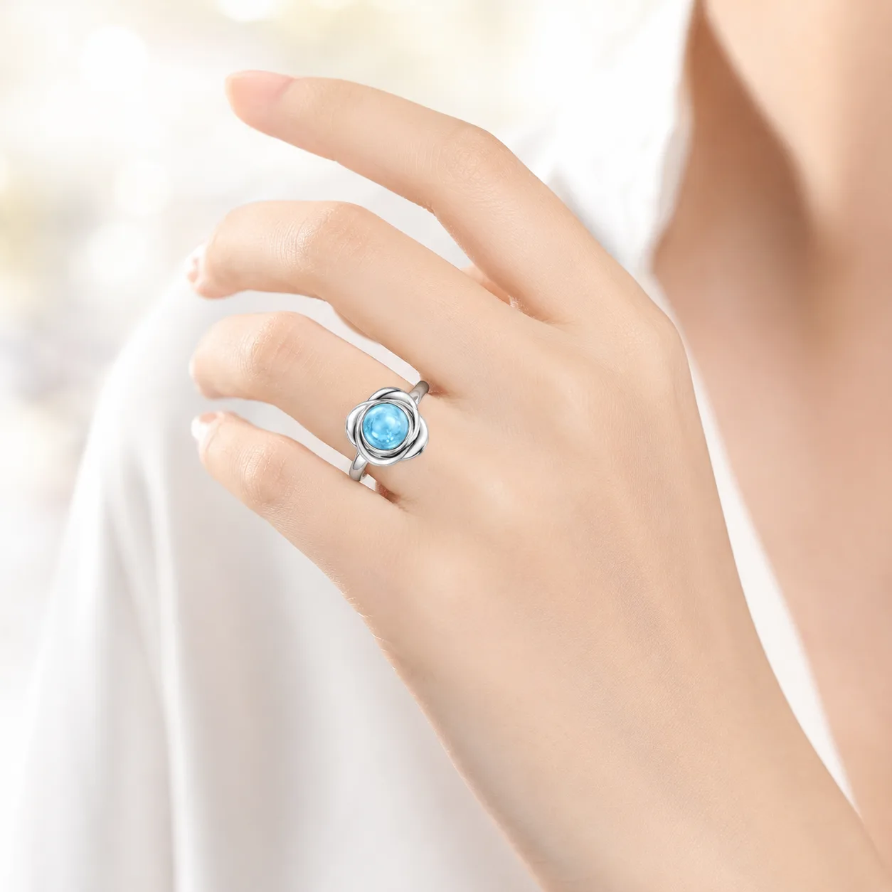 Silver Flower Knot Blue Stones Ring 2