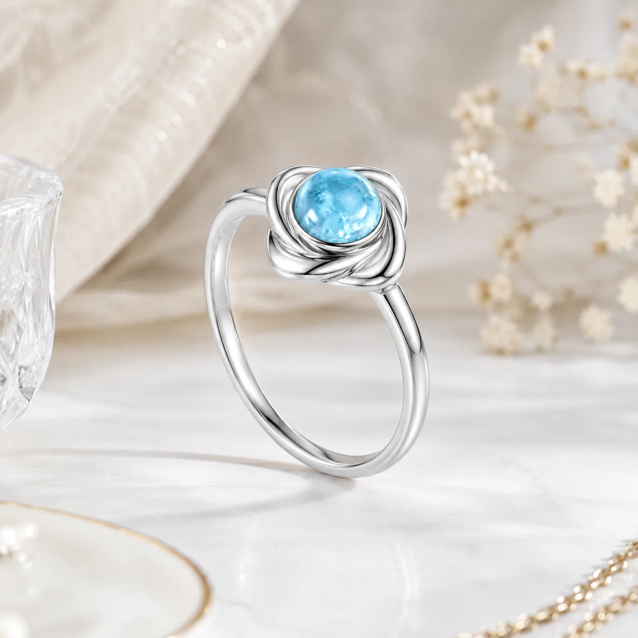 Silver Flower Knot Blue Stones Ring 4