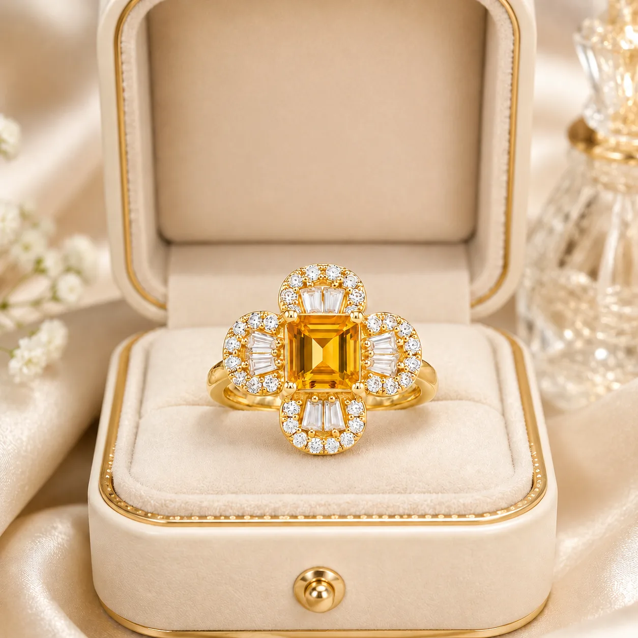 金色方形黃寶石花環戒指 4