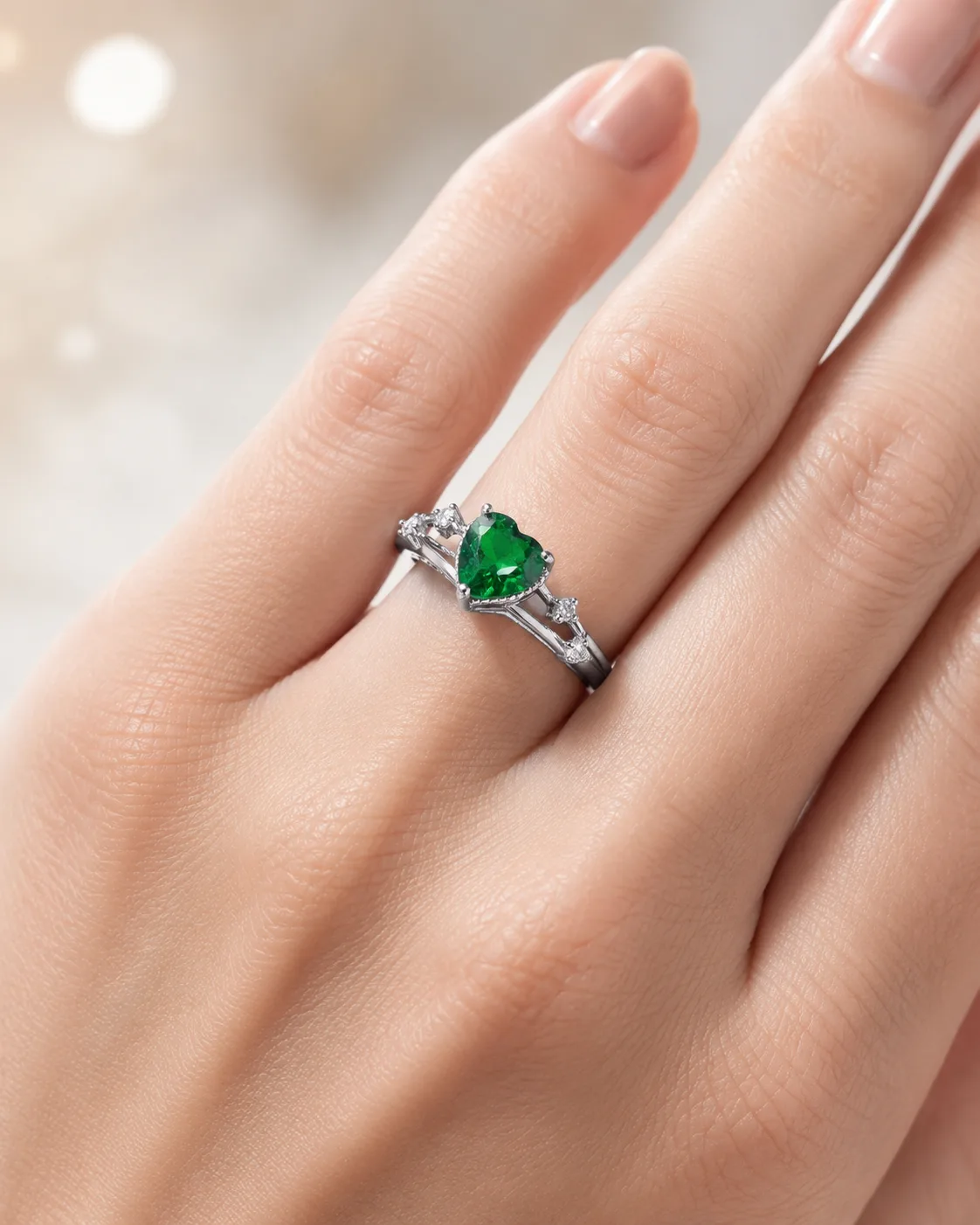 Silver Green Heart Stones Ring 2