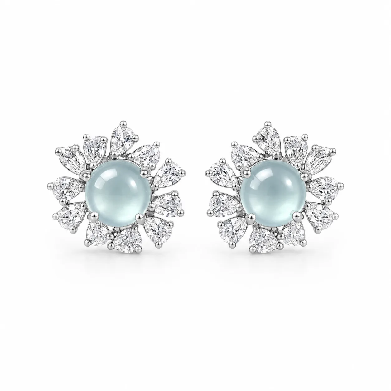 Ice-Blue Jade Flower-Feather Earrings