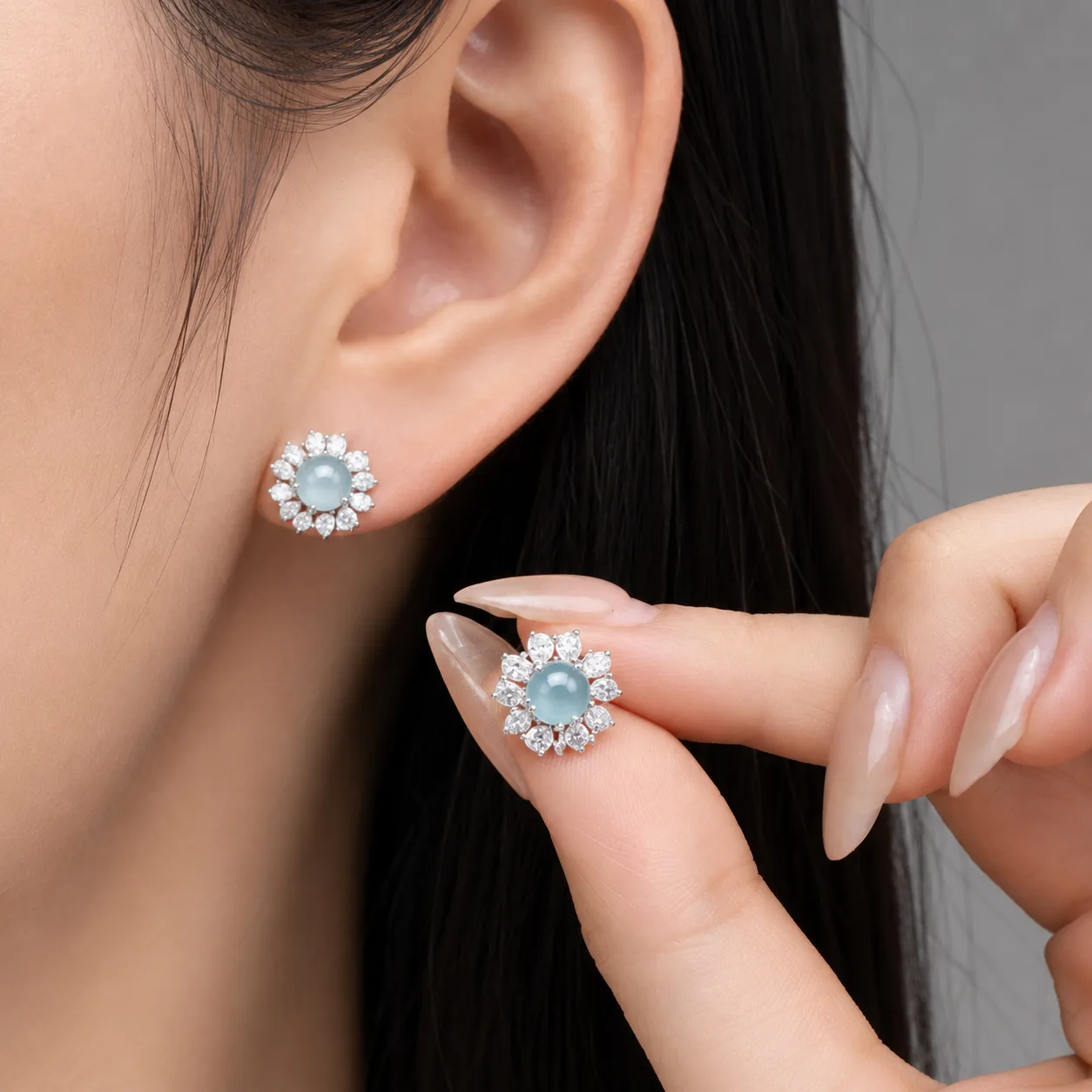Ice-Blue Jade Flower-Feather Earrings 3