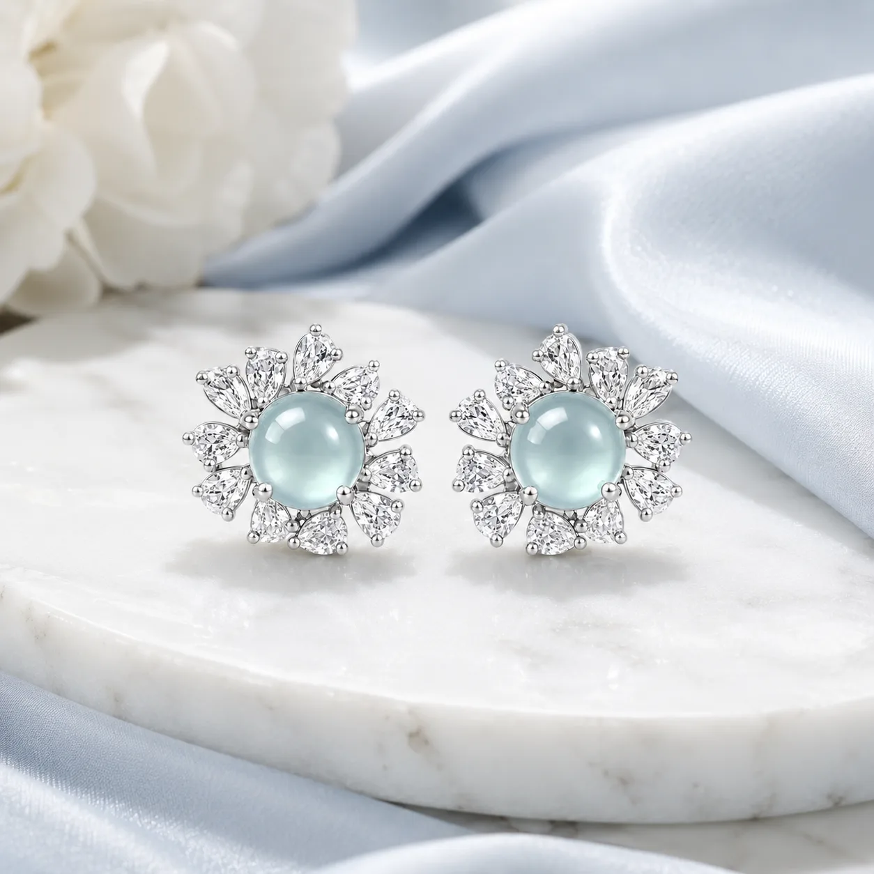 Ice-Blue Jade Flower-Feather Earrings 4
