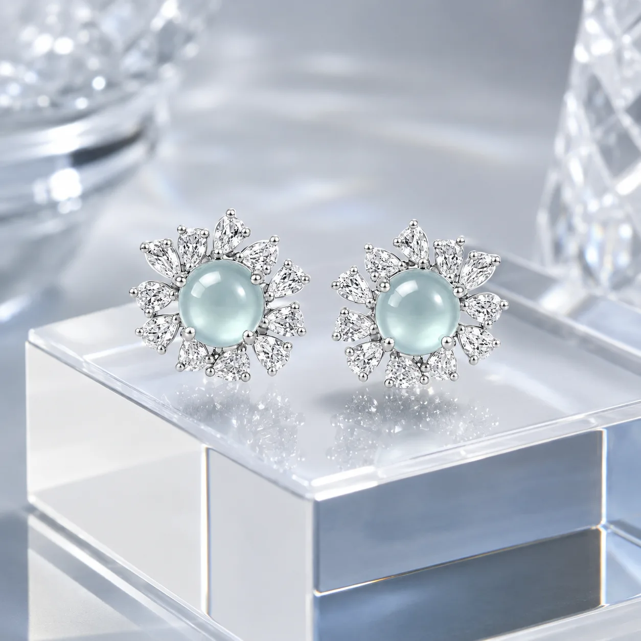 Ice-Blue Jade Flower-Feather Earrings 5