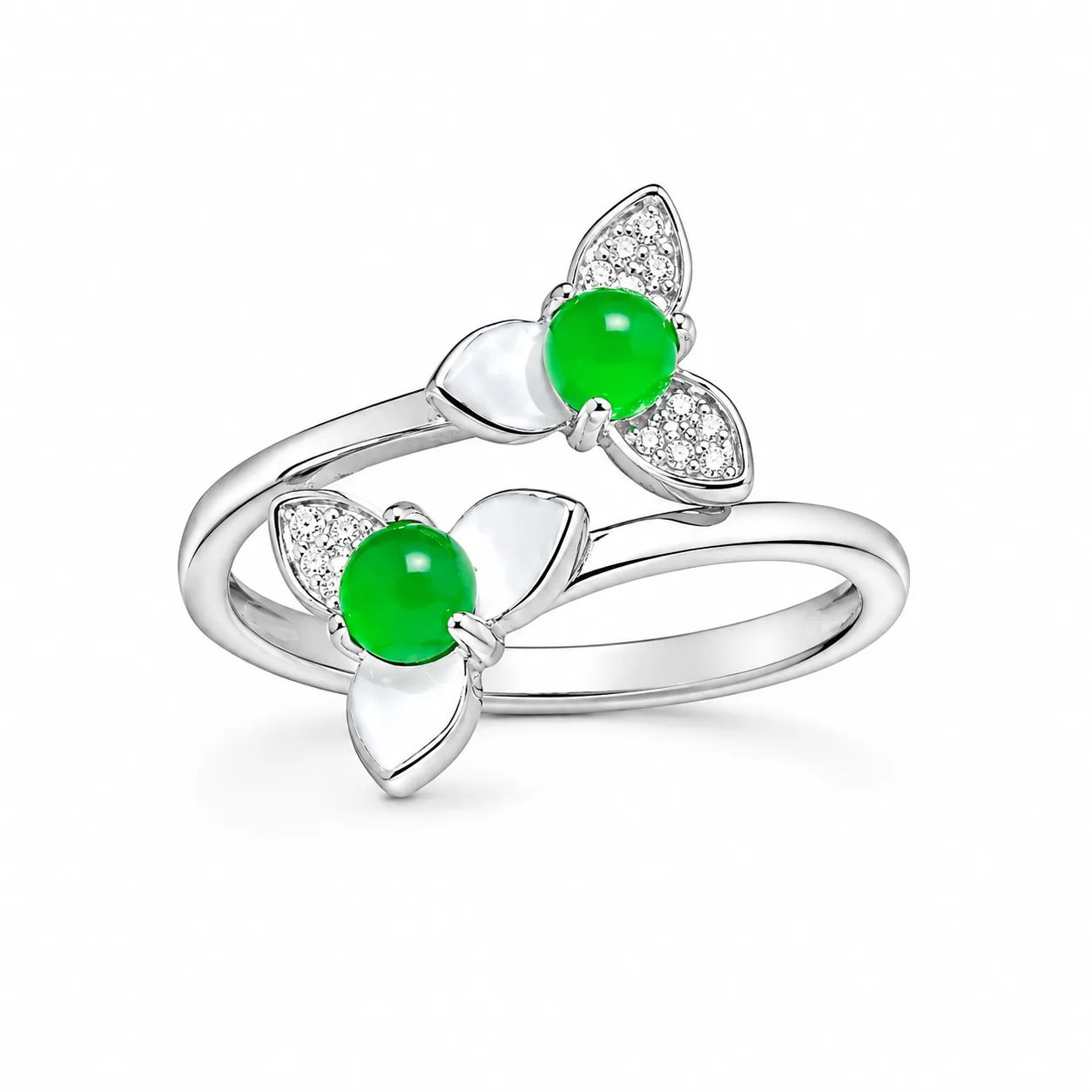 Emerald Open-Band Ring with Two Flowers and a Green Butterfly