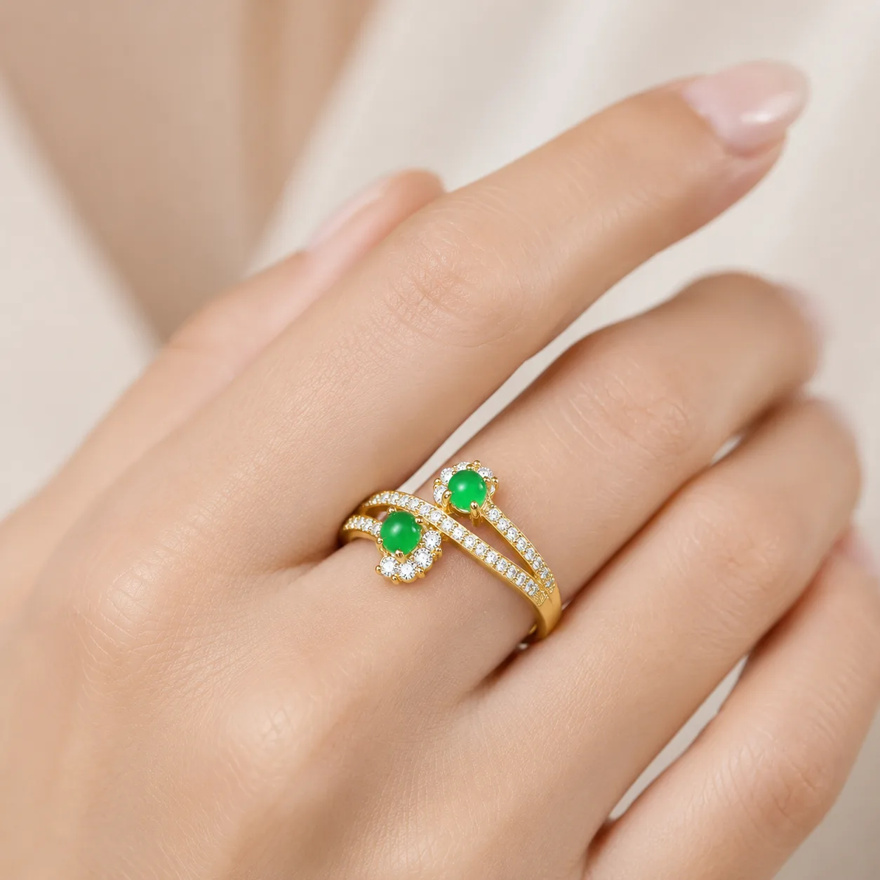 Double Flower Emerald Open-Band Ring