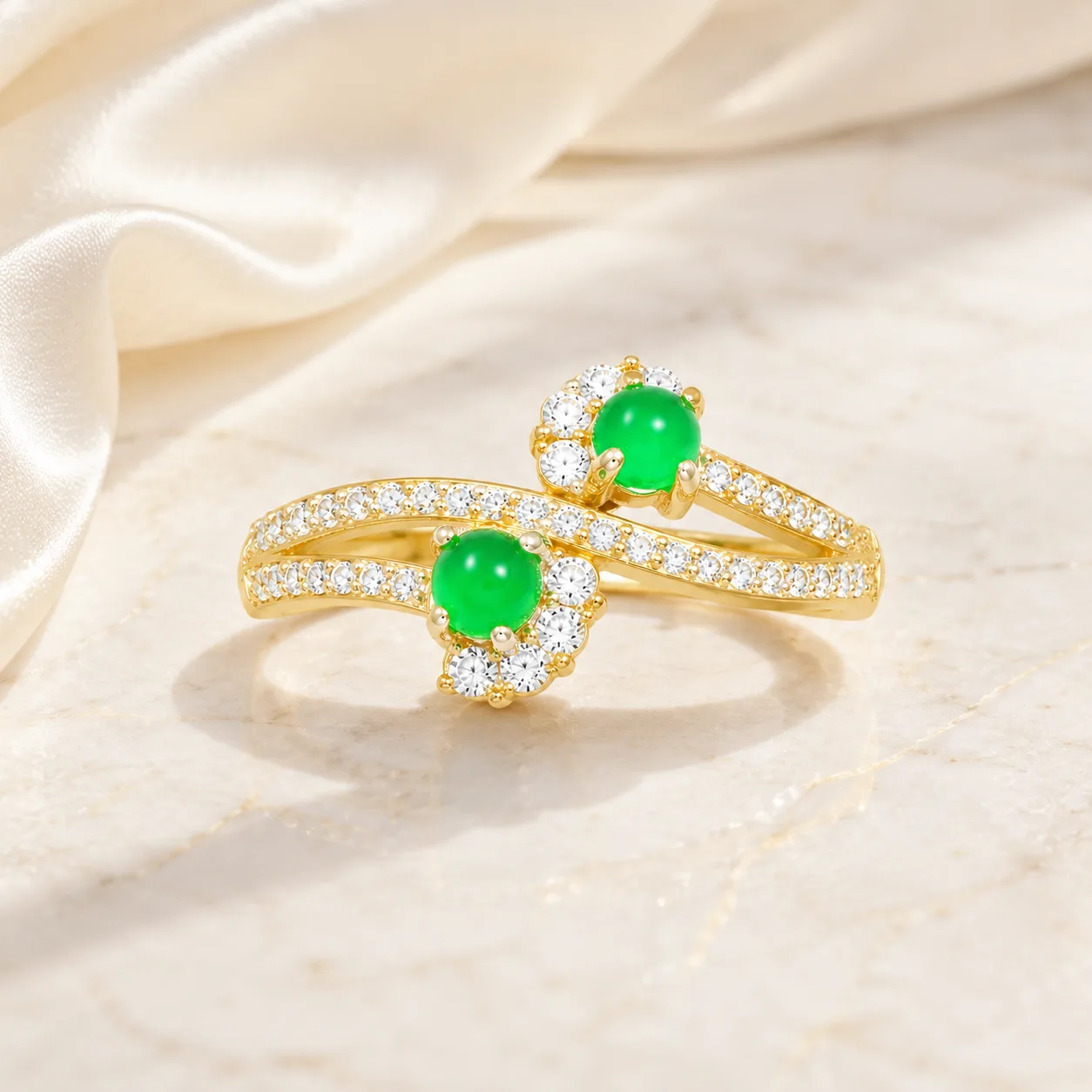 Double Flower Emerald Open-Band Ring 4