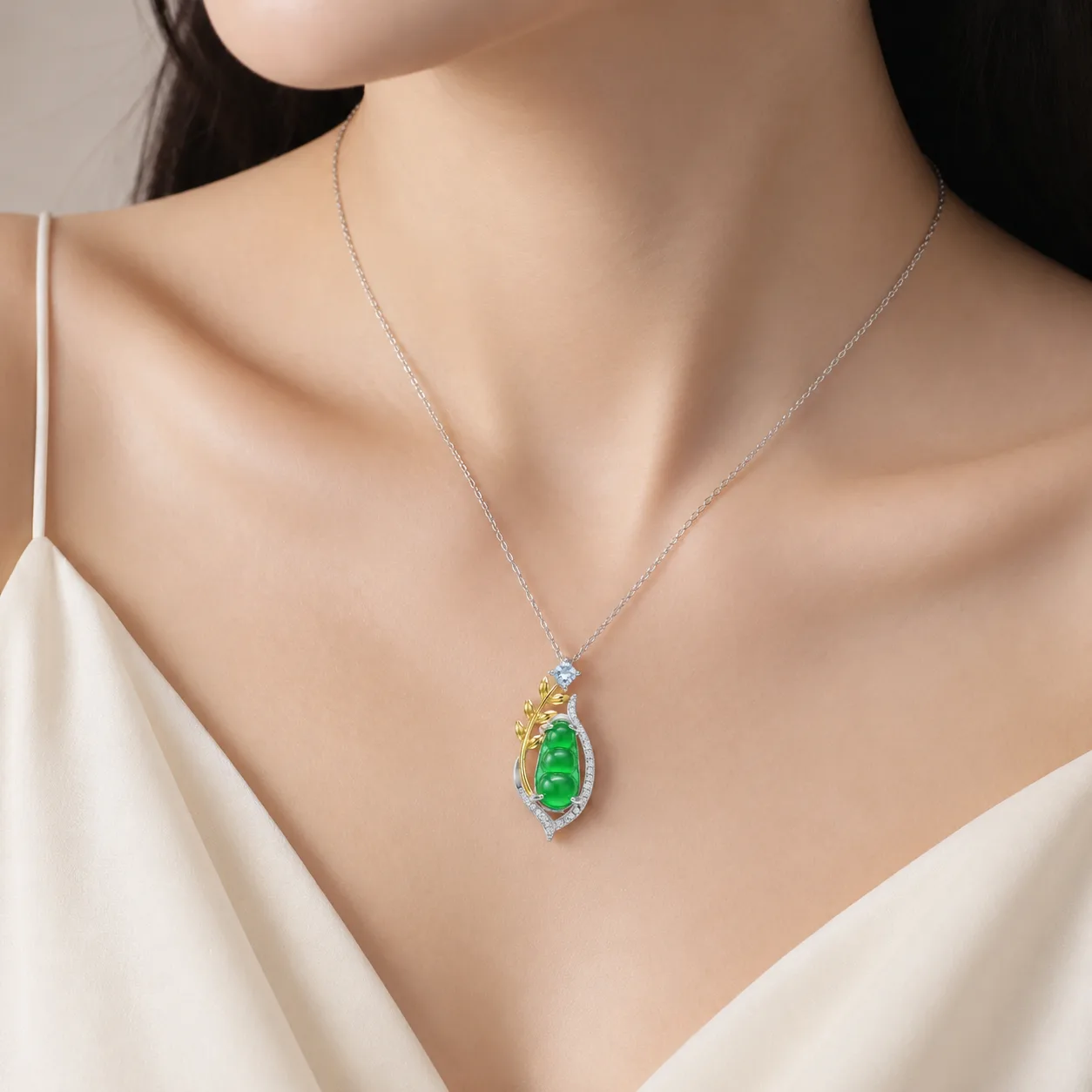 Jade Necklace with Green Vines and Lucky Beans 2