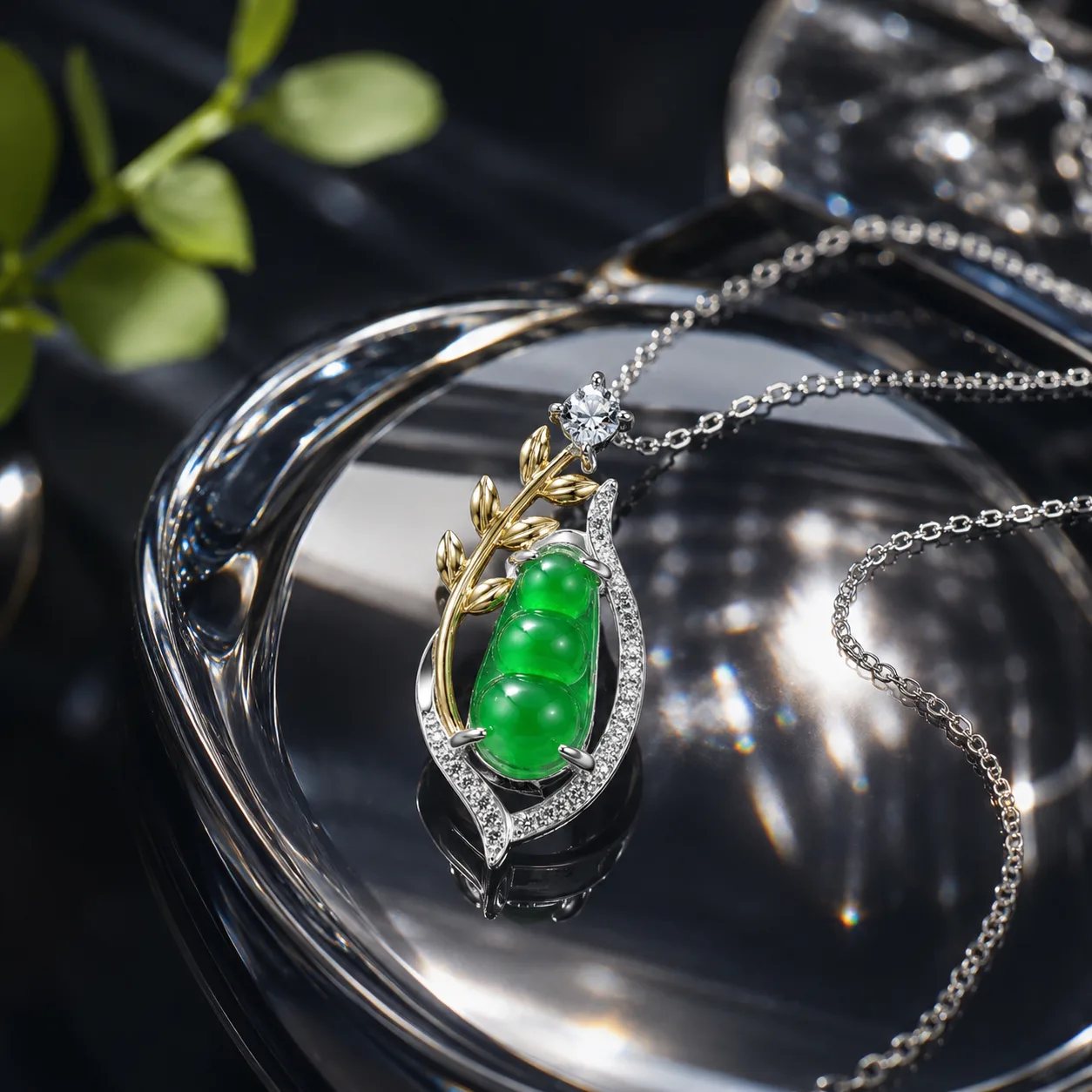 Jade Necklace with Green Vines and Lucky Beans 4