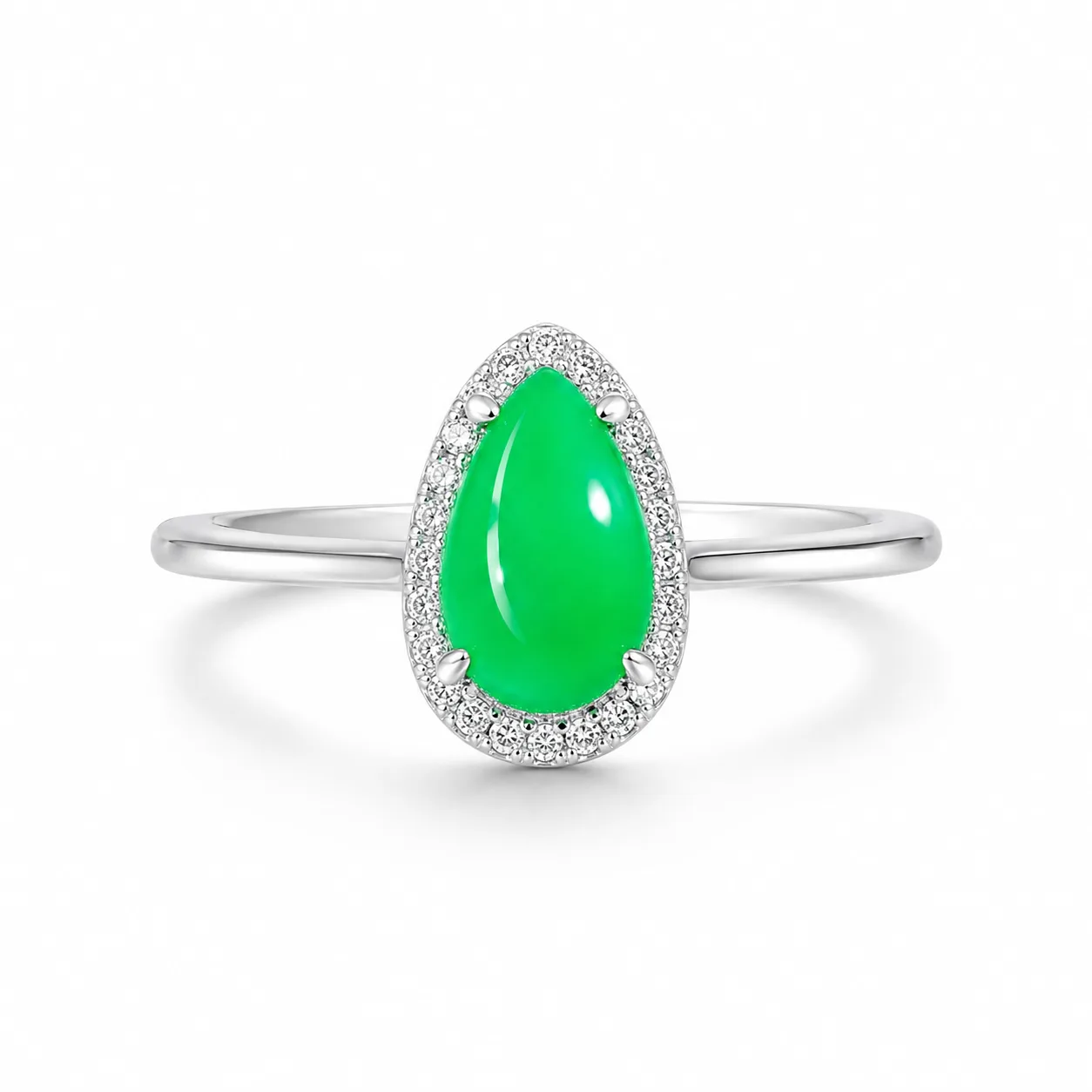 Emerald Ring with a Teardrop-Shaped Halo
