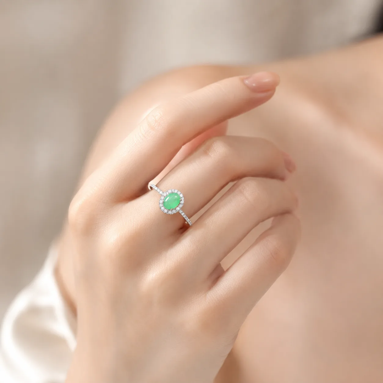 Emerald Ring with Oval-Shaped Burmese Jade