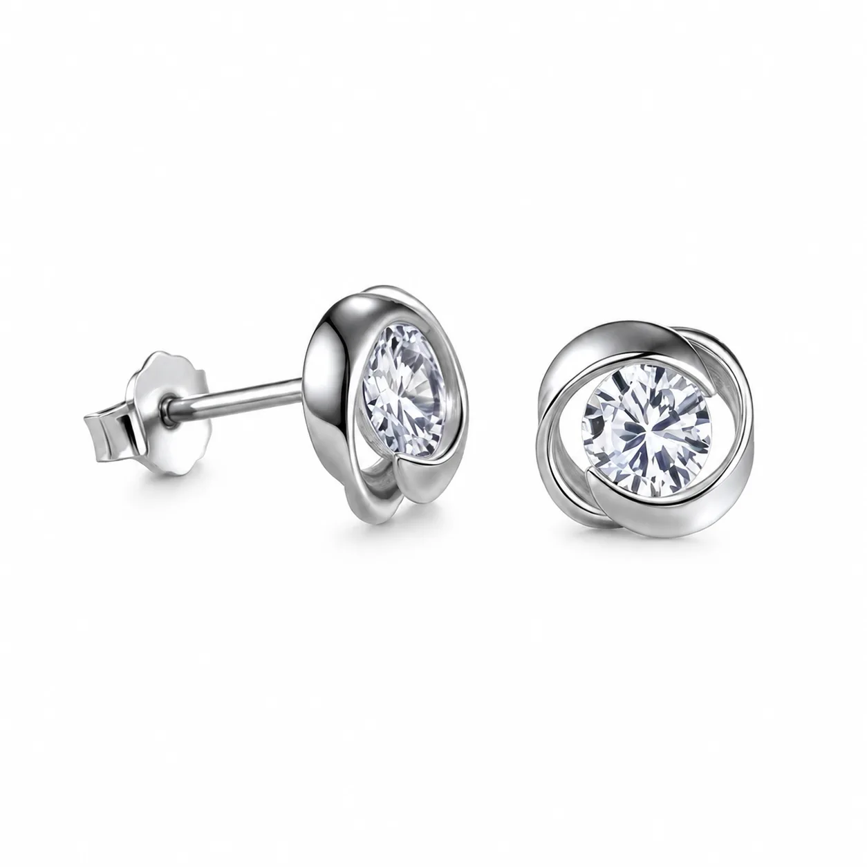 S925 Silver Streamlined Stud Earrings with Rhinestone Inlays