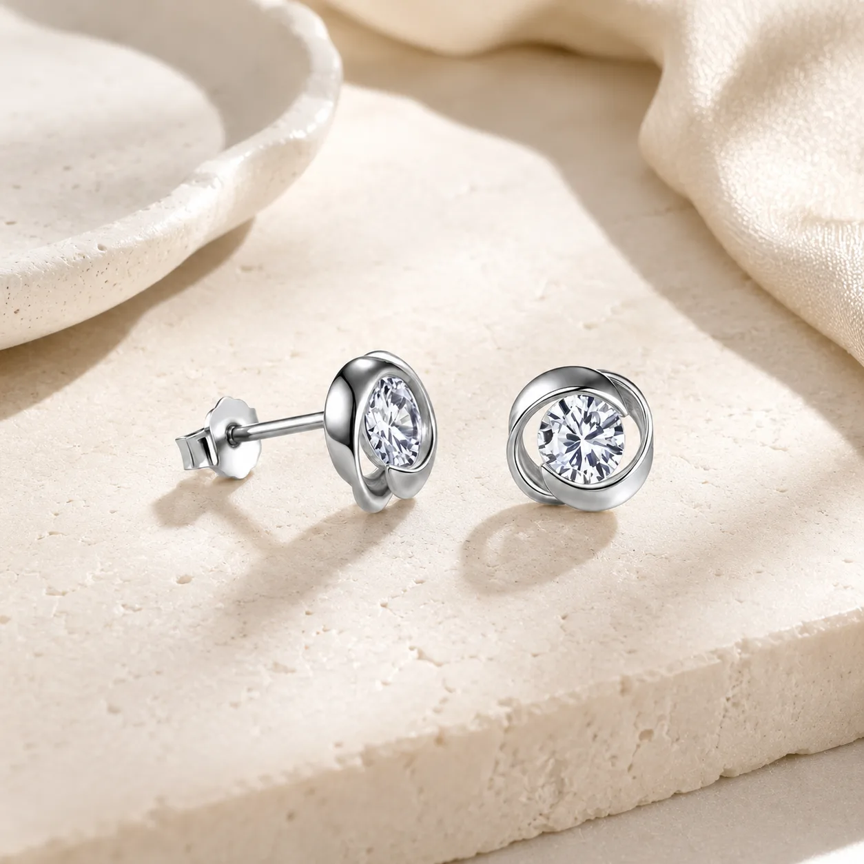 S925 Silver Streamlined Stud Earrings with Rhinestone Inlays 4