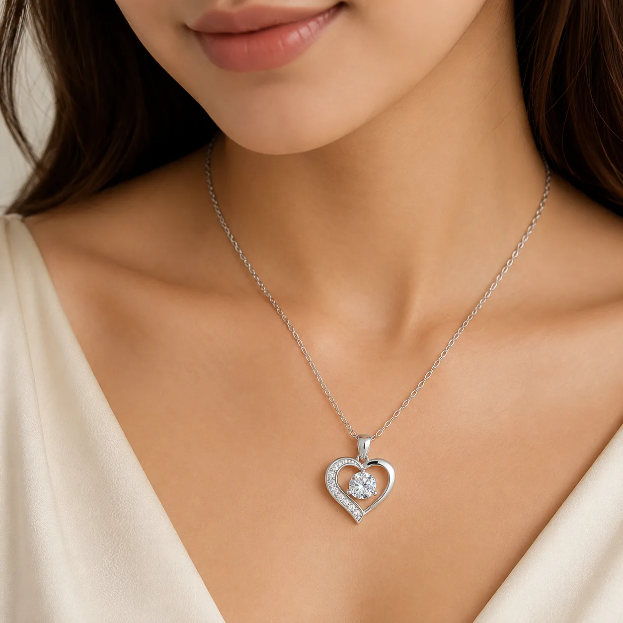 S925 Silver Openwork Heart-Shaped Rhinestone Necklace 2